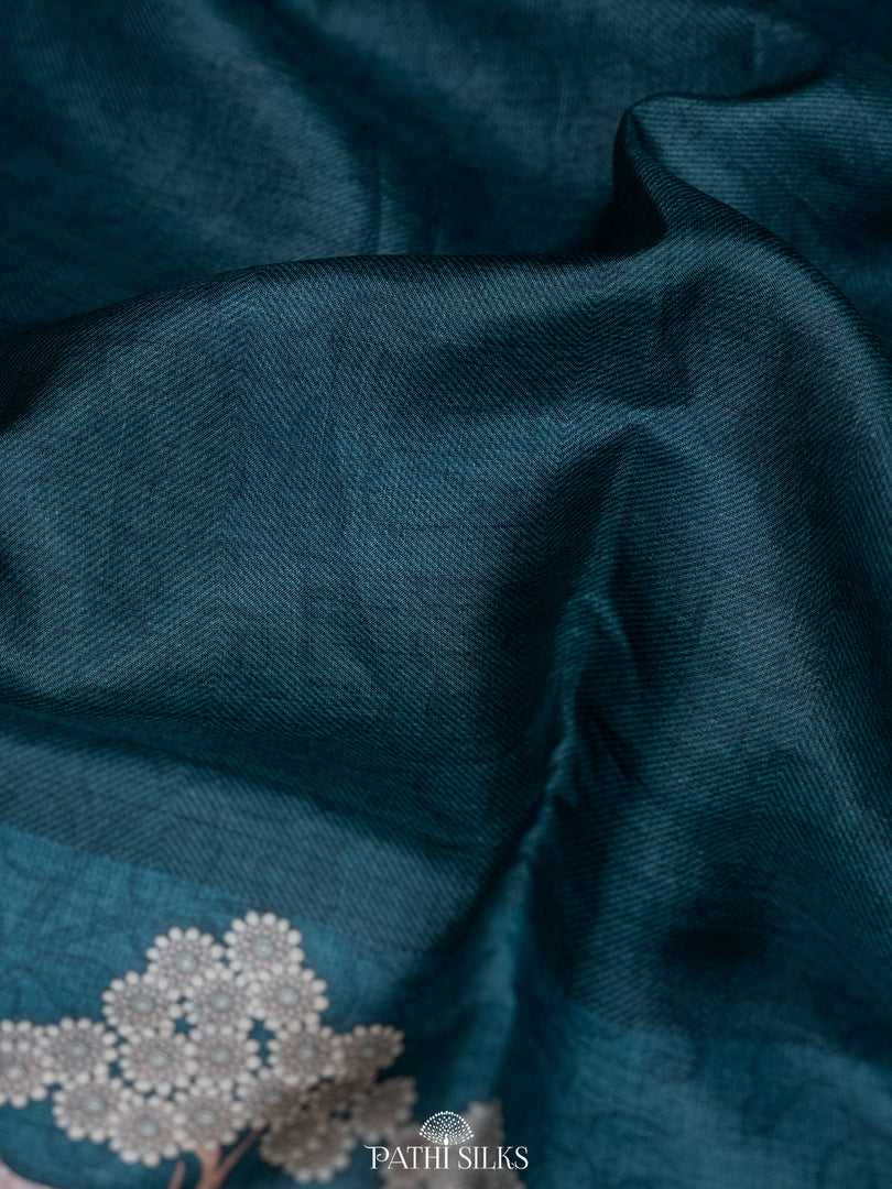 Dark teal blue Handwoven printed tussar