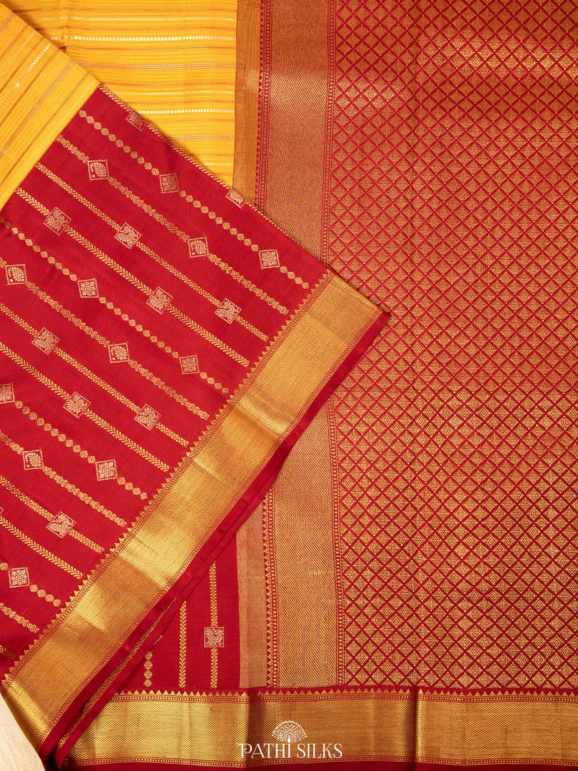 Mustard and red Kanjivaram Silk Saree