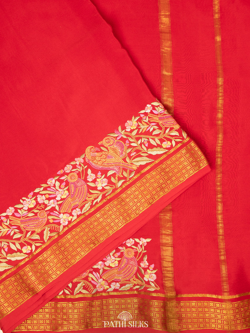 Red Mysore Crepe Silk Saree with Parsi Embroidery