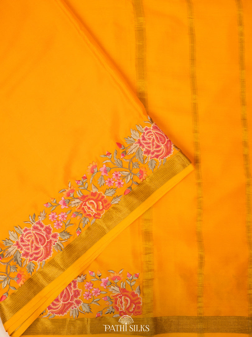 Yellow Mysore Crepe Silk Saree with Parsi Embroidery