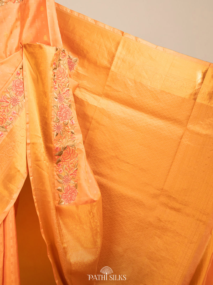 Peach Kanjivaram Silk Saree with Floral Embroidery