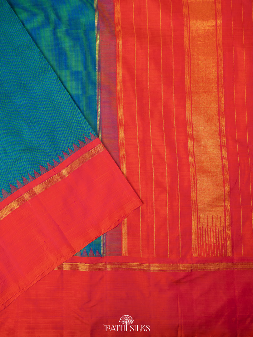 Teal Blue and orange kanjivaram silk saree