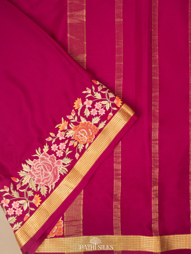 Purple Mysore Crepe Silk Saree with Parsi Embroidery