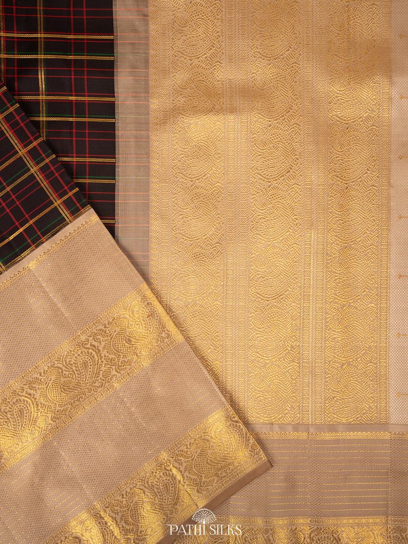 Multicolour checks black Kanjivaram Silk Saree