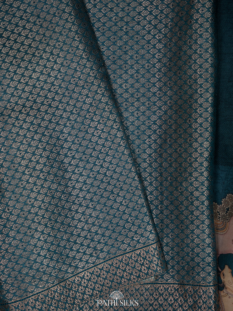 Dark teal blue Handwoven printed tussar