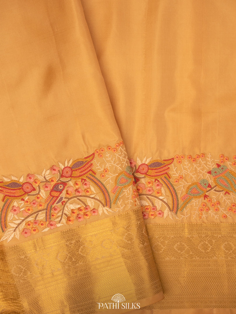 Peach Kanjivaram Silk Saree with Parsi Embroidery