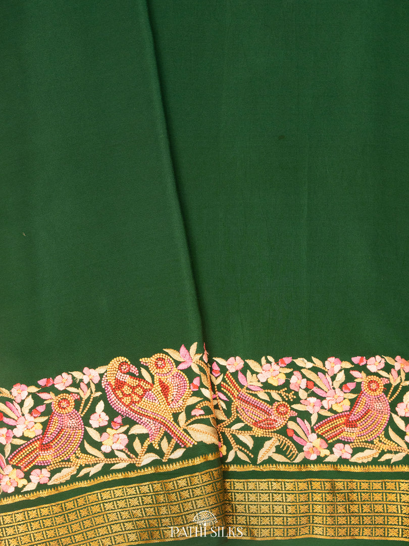 Bottle Green Mysore Crepe Silk Saree with Parsi Embroidery