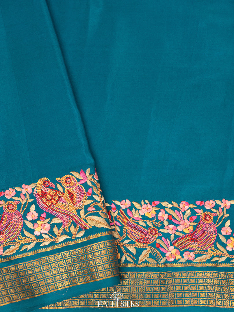 Blue Mysore Crepe Silk Saree with Parsi Embroidery