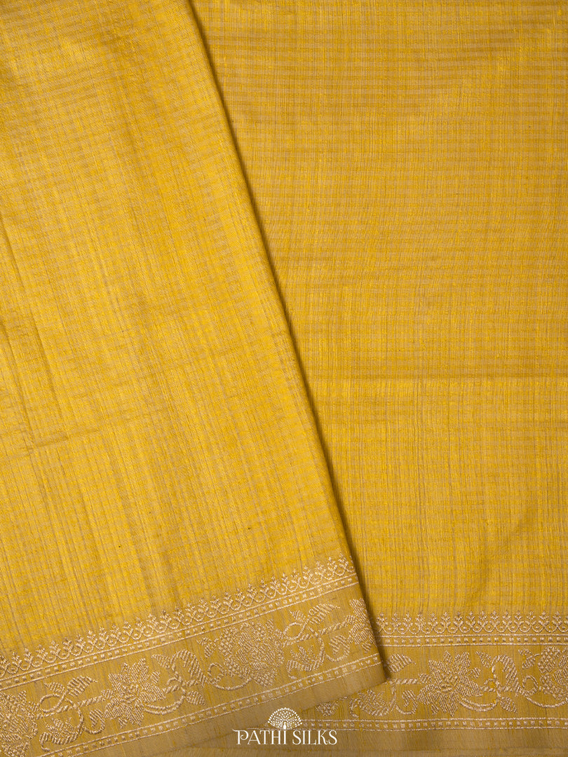 Lemon yellow moonga tussar banaras silk saree