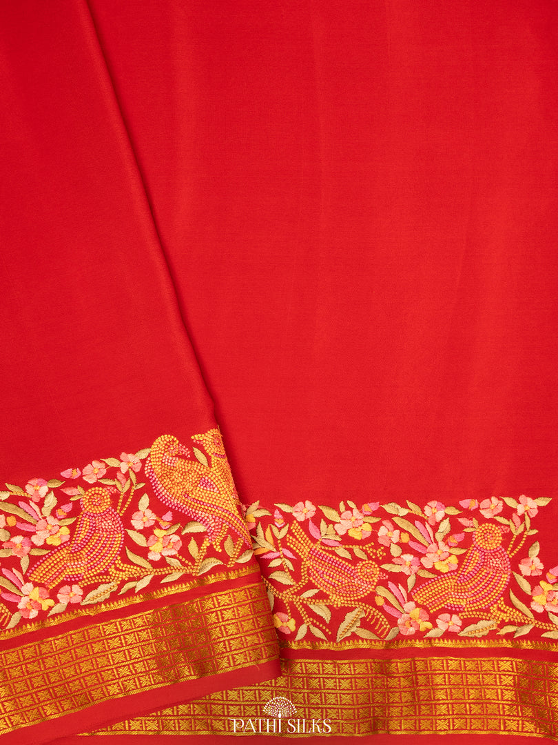 Red Mysore Crepe Silk Saree with Parsi Embroidery