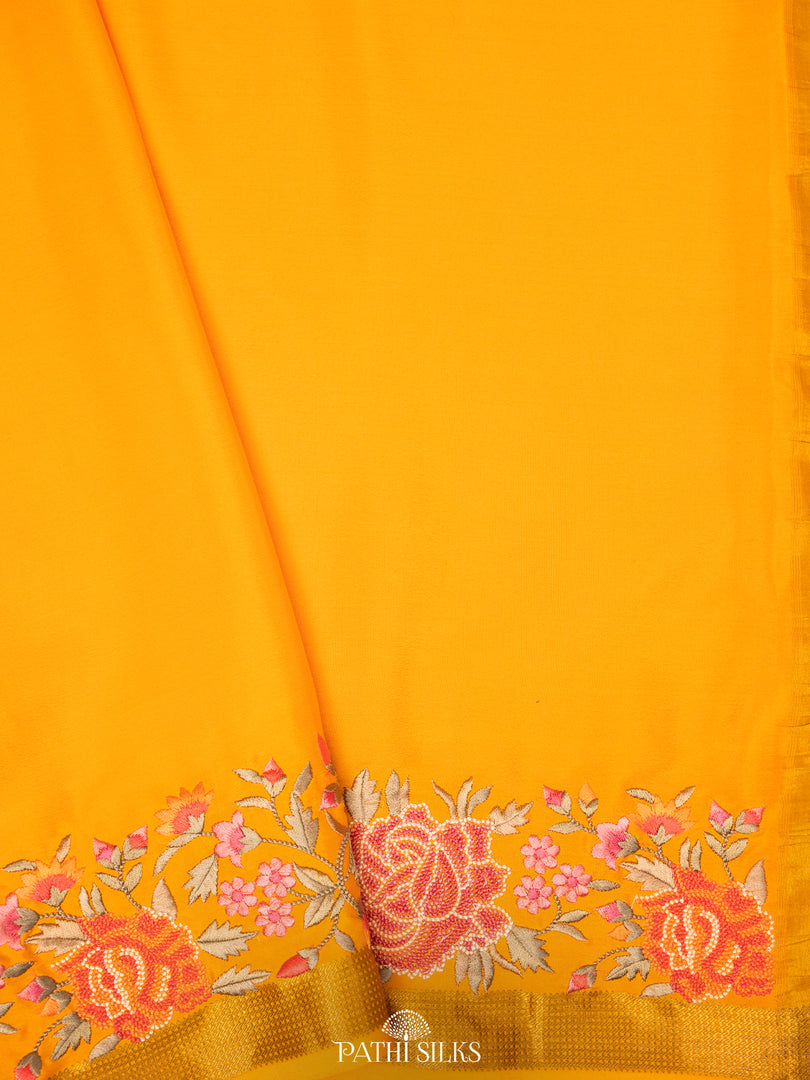 Yellow Mysore Crepe Silk Saree with Parsi Embroidery