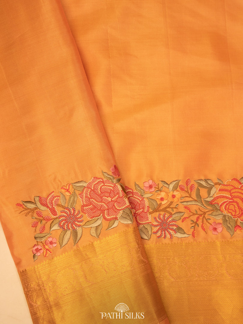 Peach Kanjivaram Silk Saree with Floral Embroidery